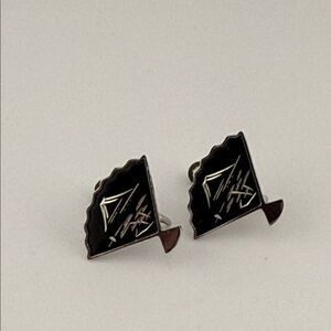 Vintage Sterling Silver Japanese Damascene Elegant Black Fan-Shaped Earrings